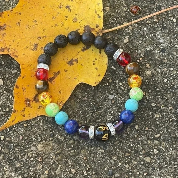 Chakra Black Lava Beaded Bracelet - Picture 1 of 4